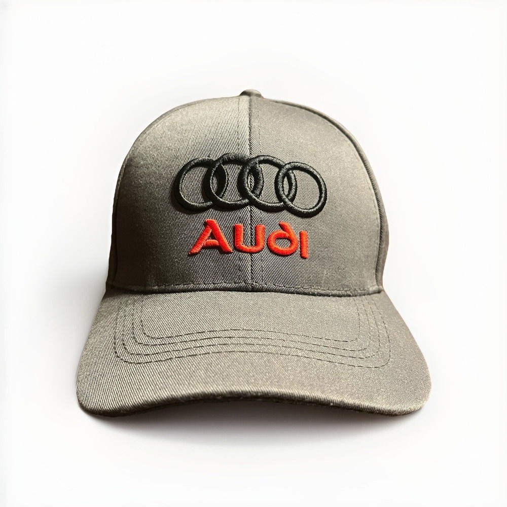 Audi Baseball Hat Cap Gray Embroidered Rings Logo Red Text Adjustable Strapback